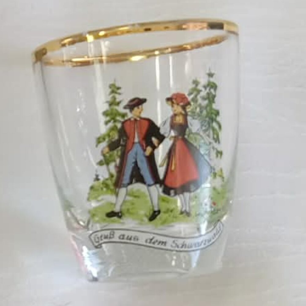 Retro/Mid-century modern little glass with souvenir de la design and gold detail
